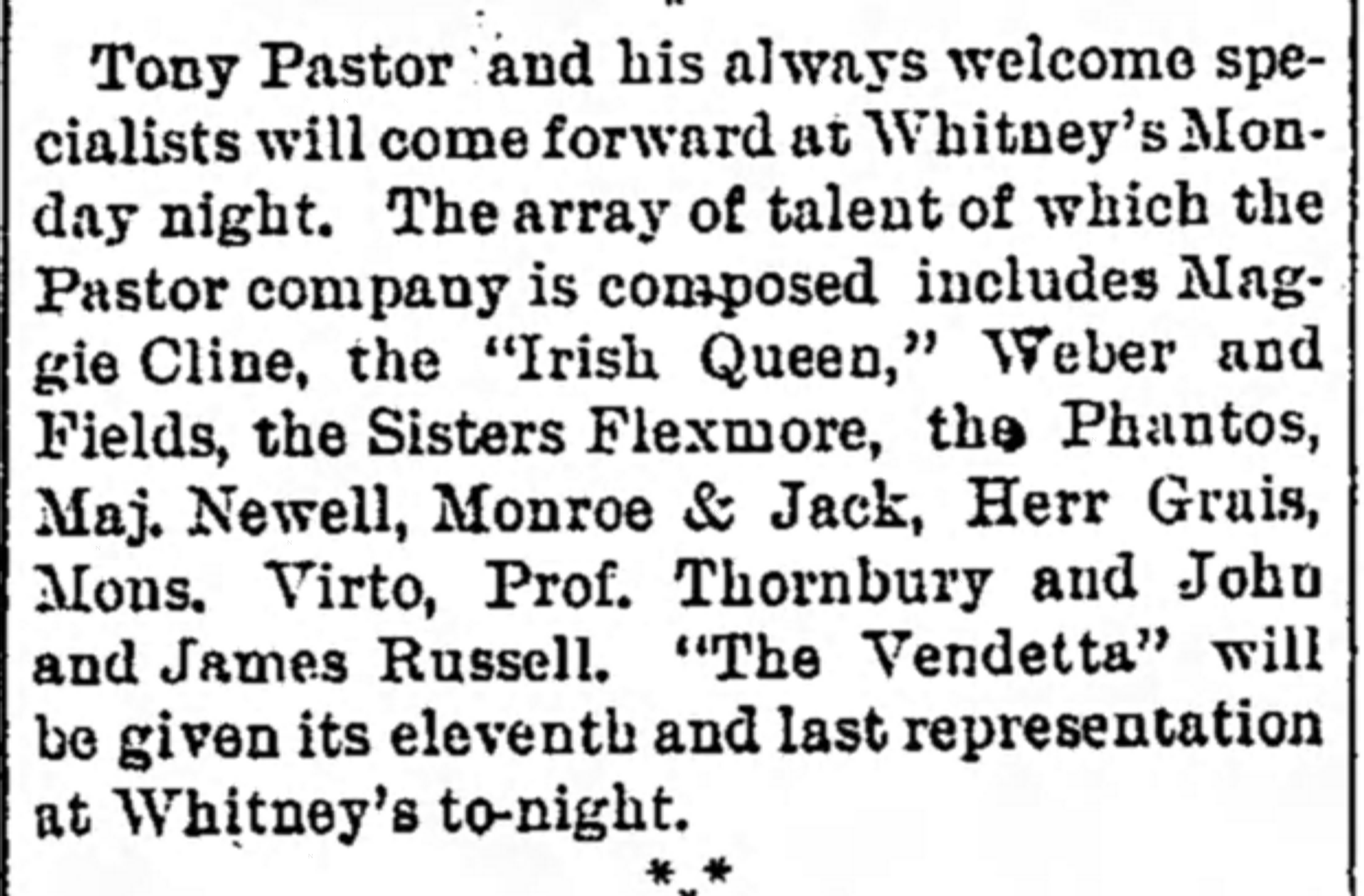 Detroit Free Press May 8th, 1892 — Tony Pastor's company featuring the Sisters Flexmore