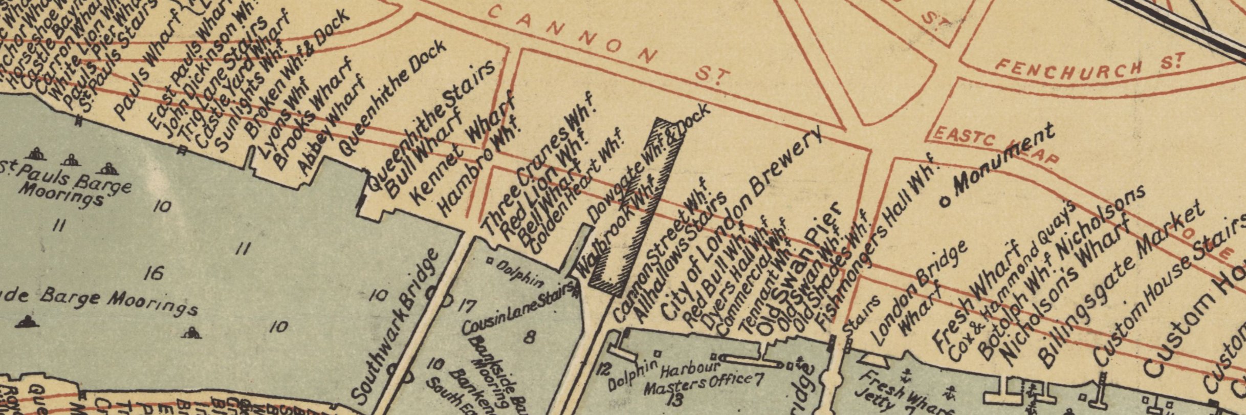 River Thames Wharf Chart showing Hambro Wharf, Upper Thames Street, London — the workplace of John Dunn, 1921