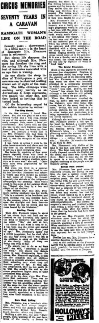 Circus Memories — Seventy Years in a Caravan — Thanet Advertiser & Echo, December 28th, 1934 — Interview with Mrs Sophia Flexmore
