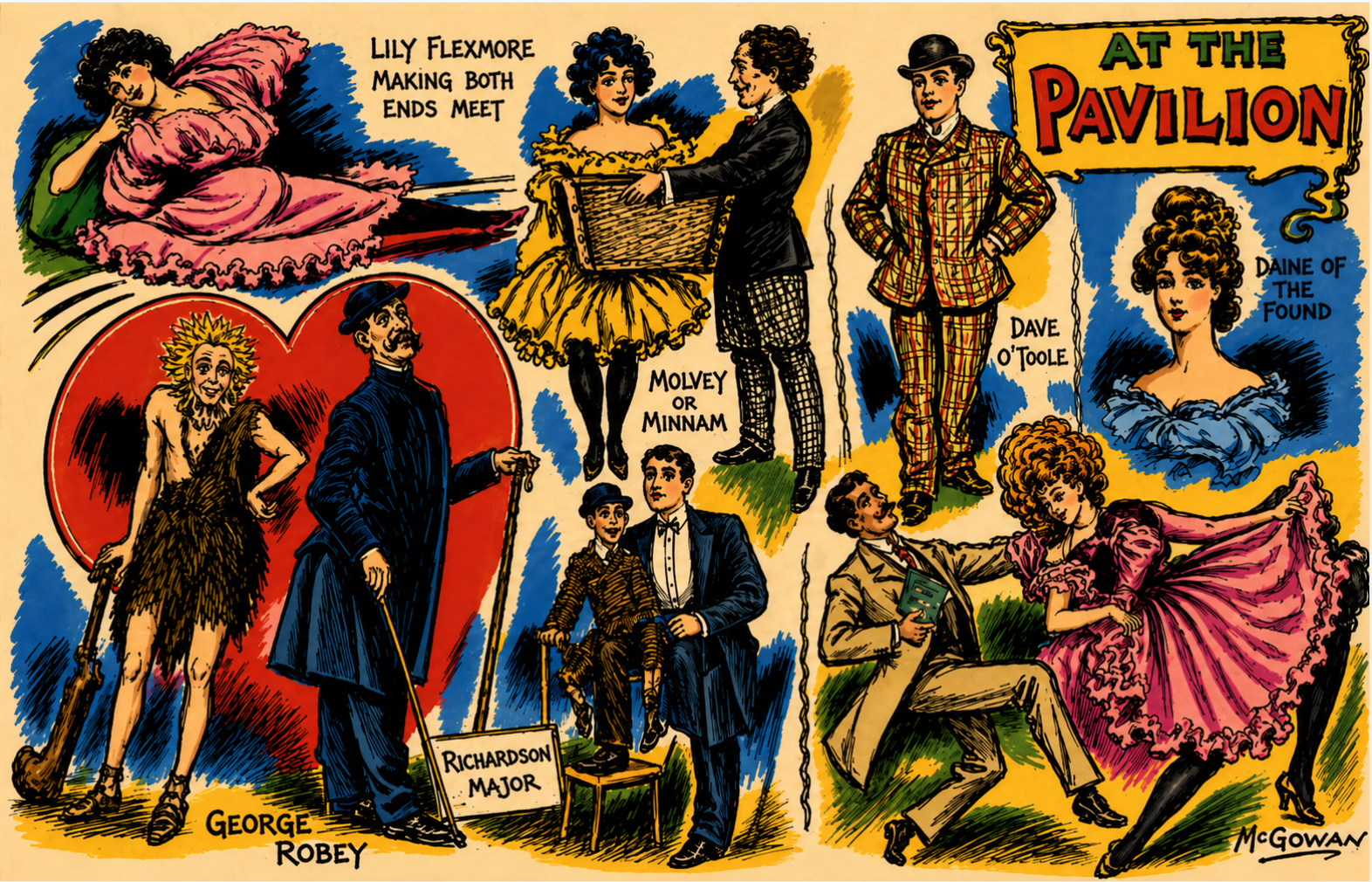 At the Pavilion — Newcastle Daily Chronicle cartoon by McGowan, Tuesday 13th March 1906 — featuring Lily Flexmore, George Robey, Richardson Major and others — Posterised