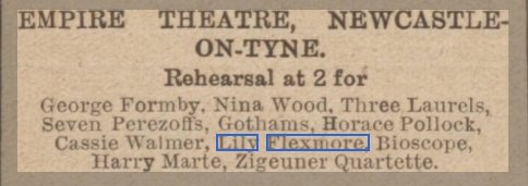 Empire Theatre Newcastle-on-Tyne rehearsal call June 30th, 1910 — Lily Flexmore and George Formby