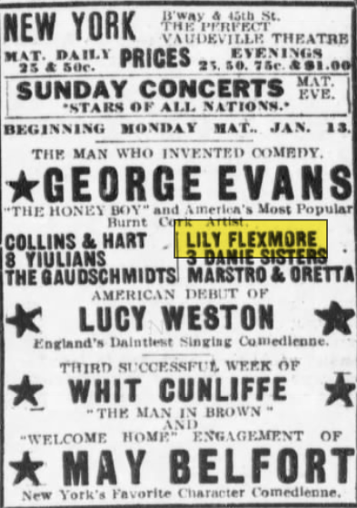 New York Theatre playbill Sunday January 12th, 1908 — Lily Flexmore billed