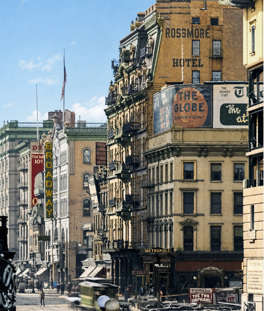 Rossmore Hotel, Broadway, New York — colourised
