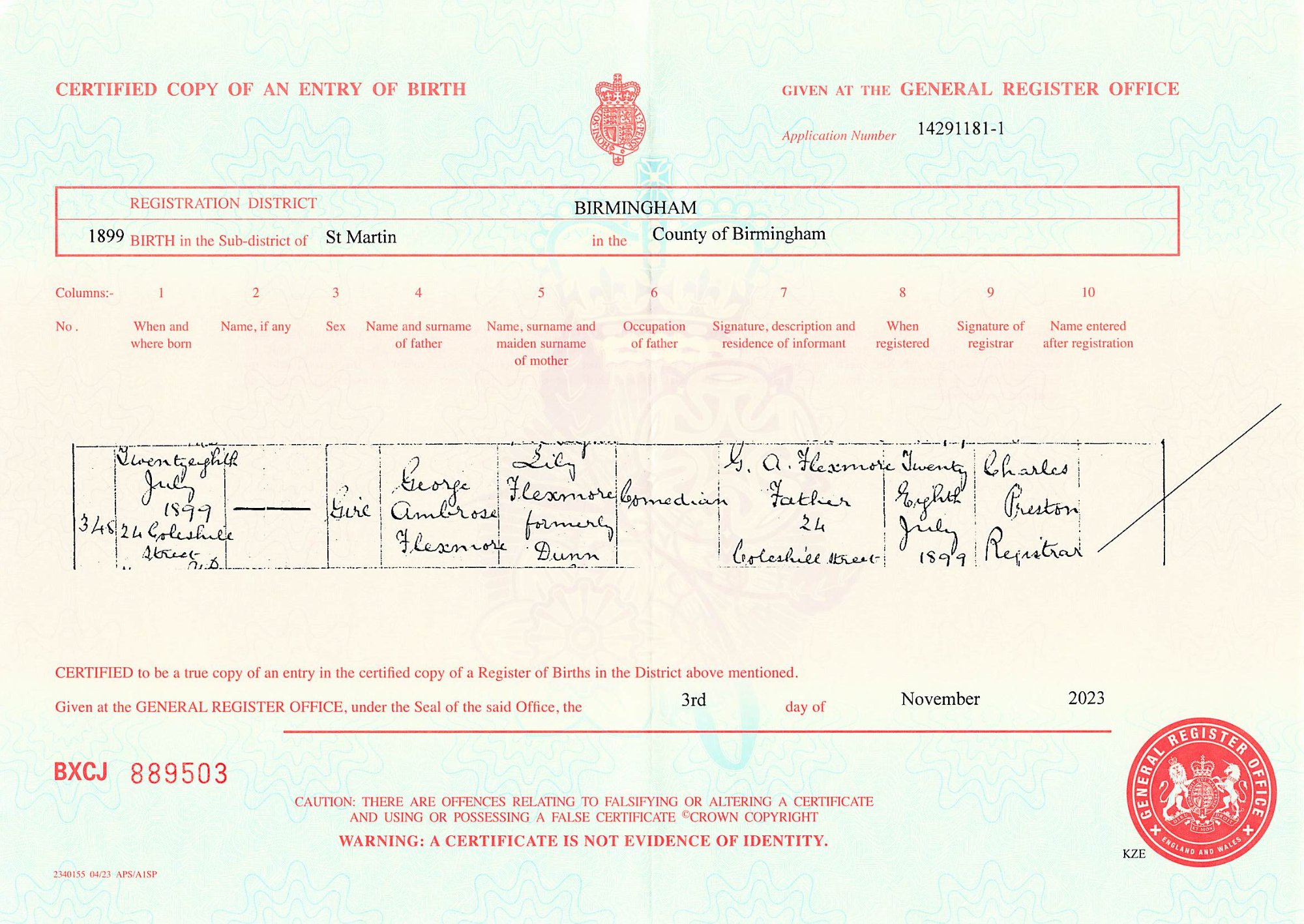 Birth Certificate Female Flexmore 1899