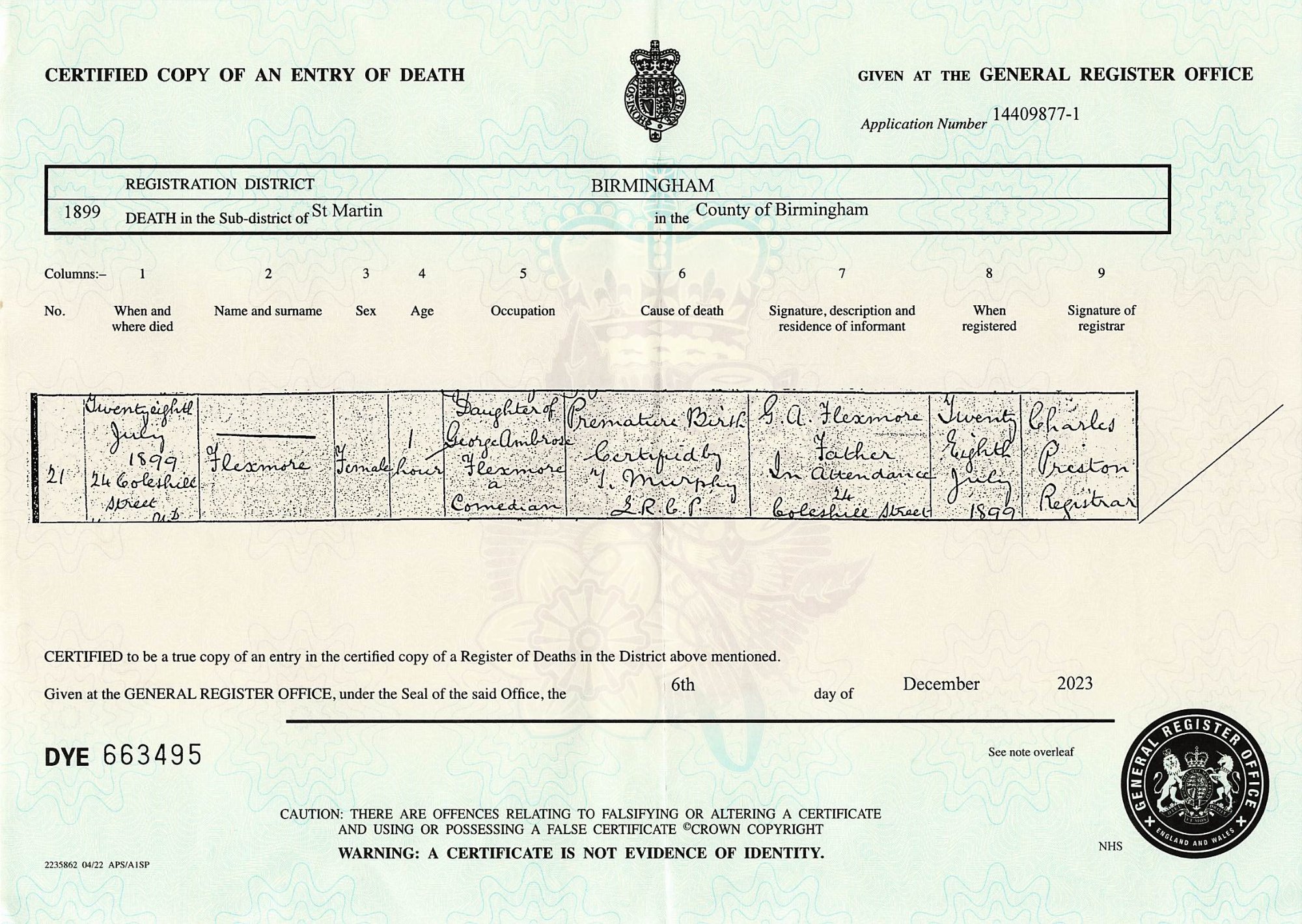 Death Certificate Female Flexmore 1899